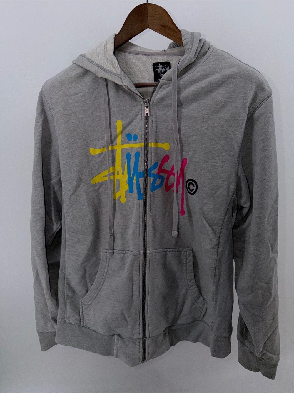 Stussy Gray Zip Hoodie with Yellow, Blue & Pink Logo